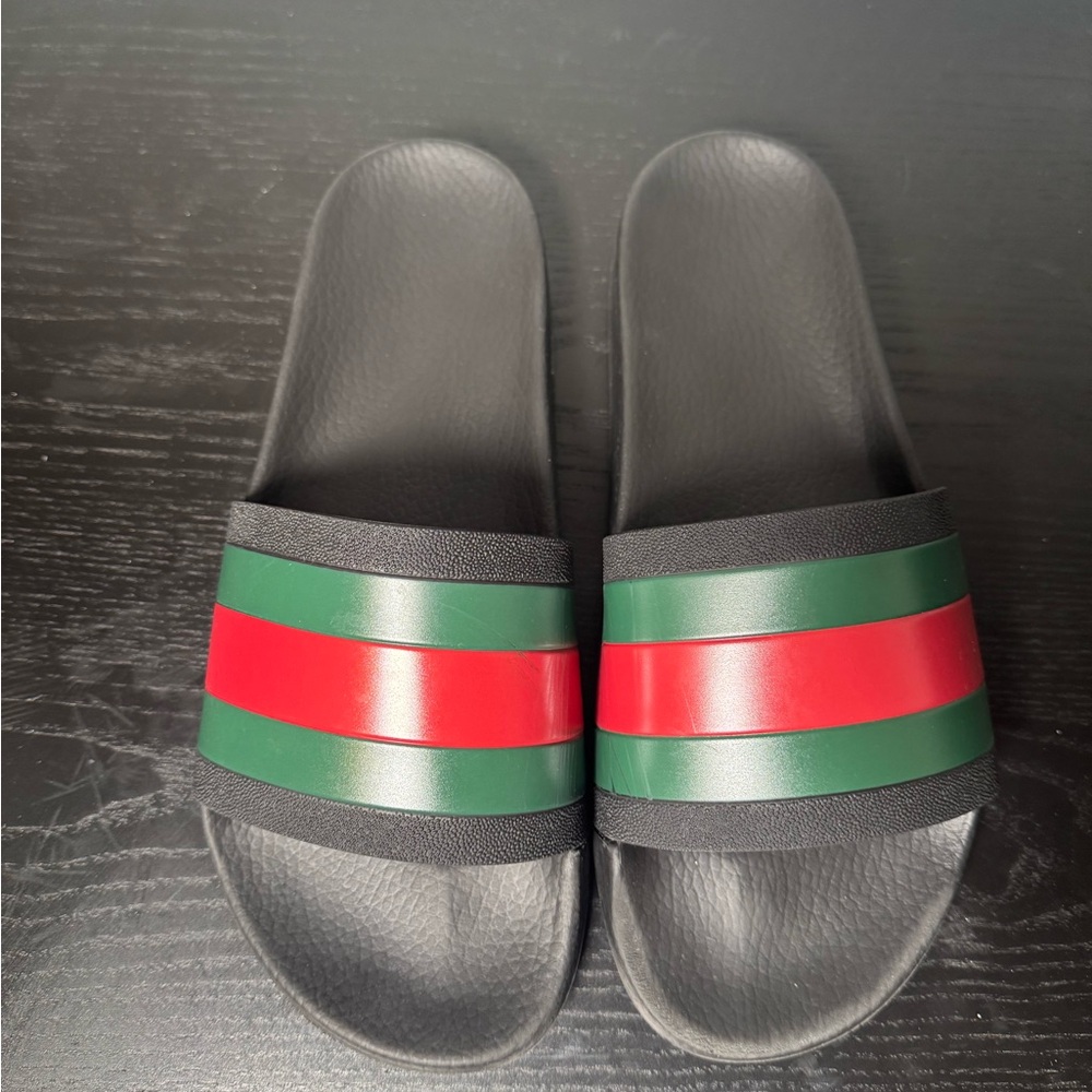 Gucci Black Slides with Red and Green Bands